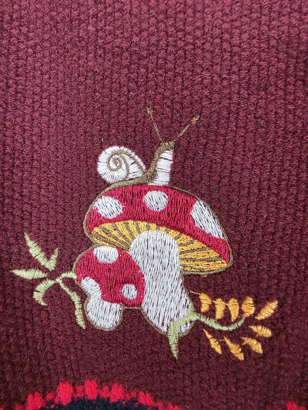 Cider Mushroom Snail Embroidered Knit Sweater Vest Burgundy Navy Small Cottageco - Picture 2 of 9